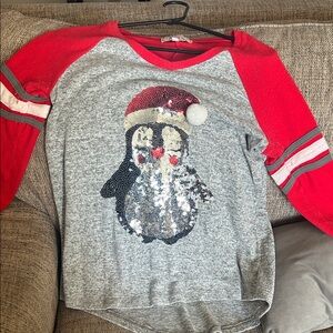 Penguin Sequin Kids Shirt - Red and Gray
